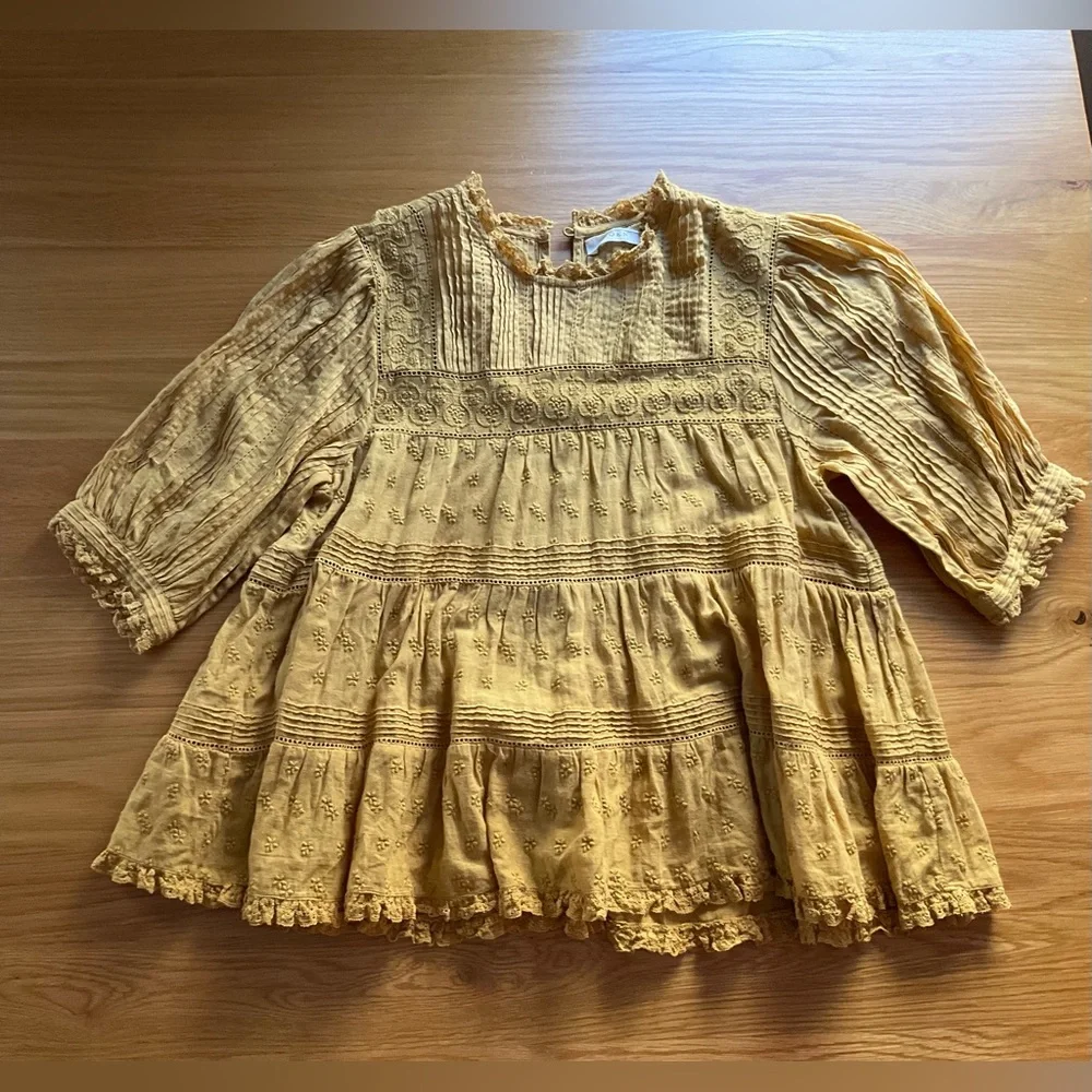 Doen Mustard Yellow Cotton Pintuck Peplum Blouse